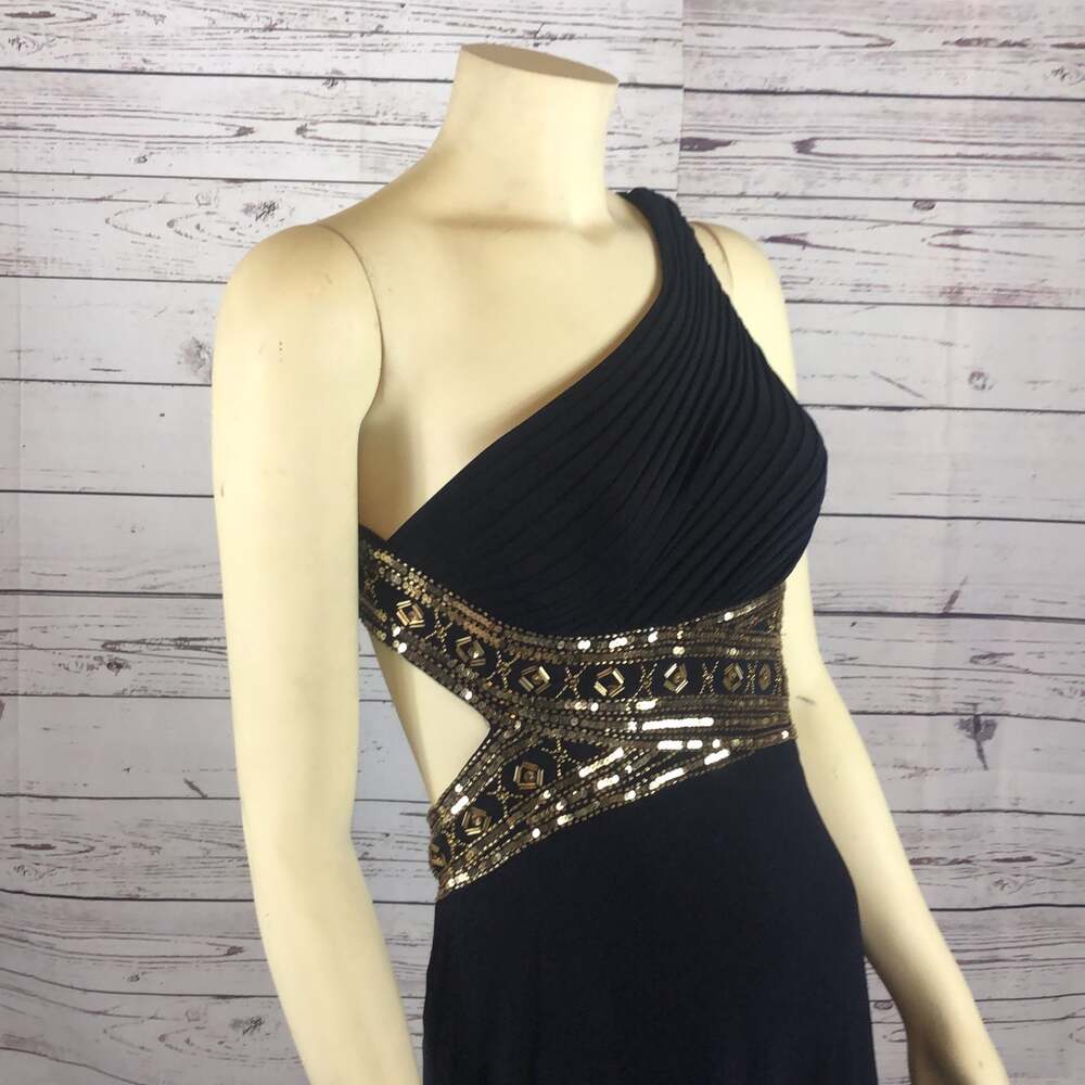Betsy & Adam One Shoulder Navy Gold Gown NWT Size 4 - Picture 8 of 12